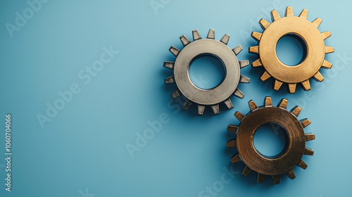 Interconnected gears in gold, silver, and bronze colors on blue background symbolize teamwork and collaboration in business photo