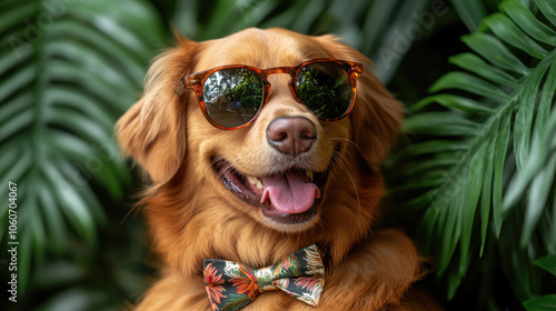 This cheerful golden retriever showcases its playful personality while wearing sunglasses and a stylish bow tie surrounded by vibrant foliage