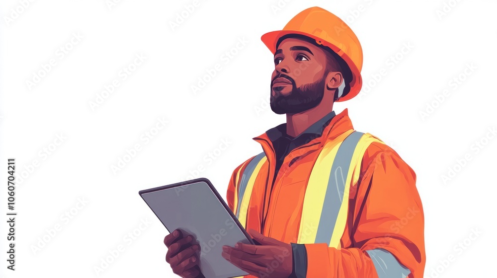 Engineer portrait with a tablet and notebook, looking at a construction site, isolated on a white background Engineer portrait with a tablet and notebook, looking at a construction site, isolated on a white background