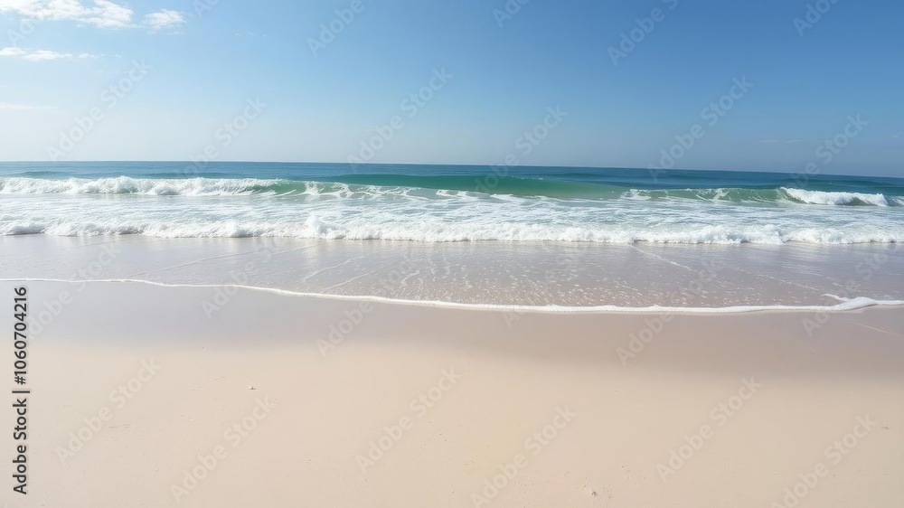 Beautiful and serene ocean waves crashing on a sandy beach under a clear blue sky, tropical, calm Beautiful and serene ocean waves crashing on a sandy beach under a clear blue sky, tropical, calm