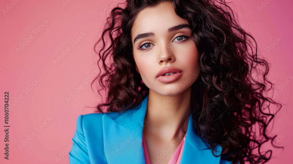 Bright Blue Suit: Brunette woman in a blue suit, with bright makeup and accessories, ideal for office wear, casual parties, or spring collection showcases. Bright Blue Suit: Brunette woman in a blue suit, with bright makeup and accessories, ideal for office wear, casual parties, or spring collection showcases.