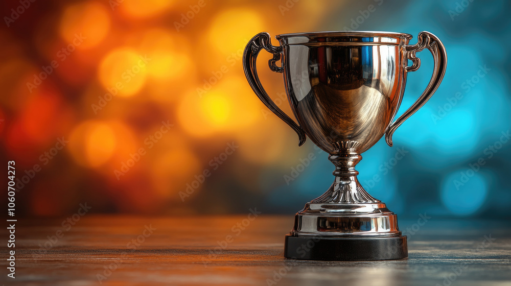 A shiny trophy stands prominently on a textured surface, illuminated by a vivid orange and blue bokeh backdrop creating a celebratory atmosphere A shiny trophy stands prominently on a textured surface, illuminated by a vivid orange and blue bokeh backdrop creating a celebratory atmosphere