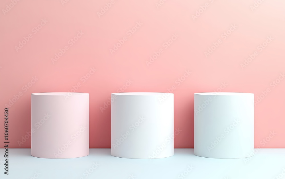 Contemporary display scene with cylindrical podiums in soft pastel tones, surrounded by a gentle gradient backdrop, emphasizing simplicity and elegance Contemporary display scene with cylindrical podiums in soft pastel tones, surrounded by a gentle gradient backdrop, emphasizing simplicity and elegance