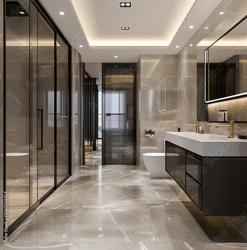 Luxurious Bathroom Design with LED Lighting and Marble Accents