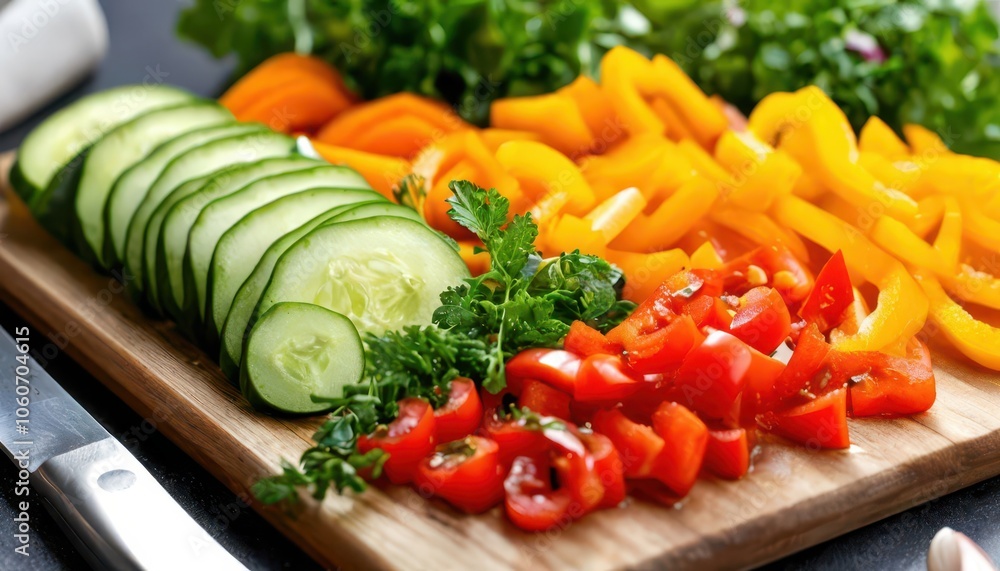 Cut vegetables for salad on a cutting board. There are knives next to the board. Cut vegetables for salad on a cutting board. There are knives next to the board.
