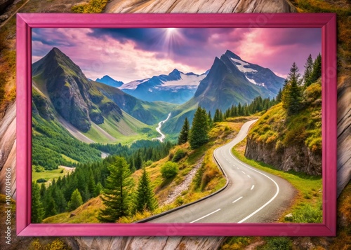 Scenic Mountain Icon with Road in Pink Frame - A Stunning Representation of Nature's Beauty for Logo Design and Branding photo