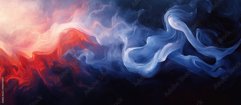 Fototapeta premium Abstract Swirling Smoke in Red, Blue, and White with Black Background.