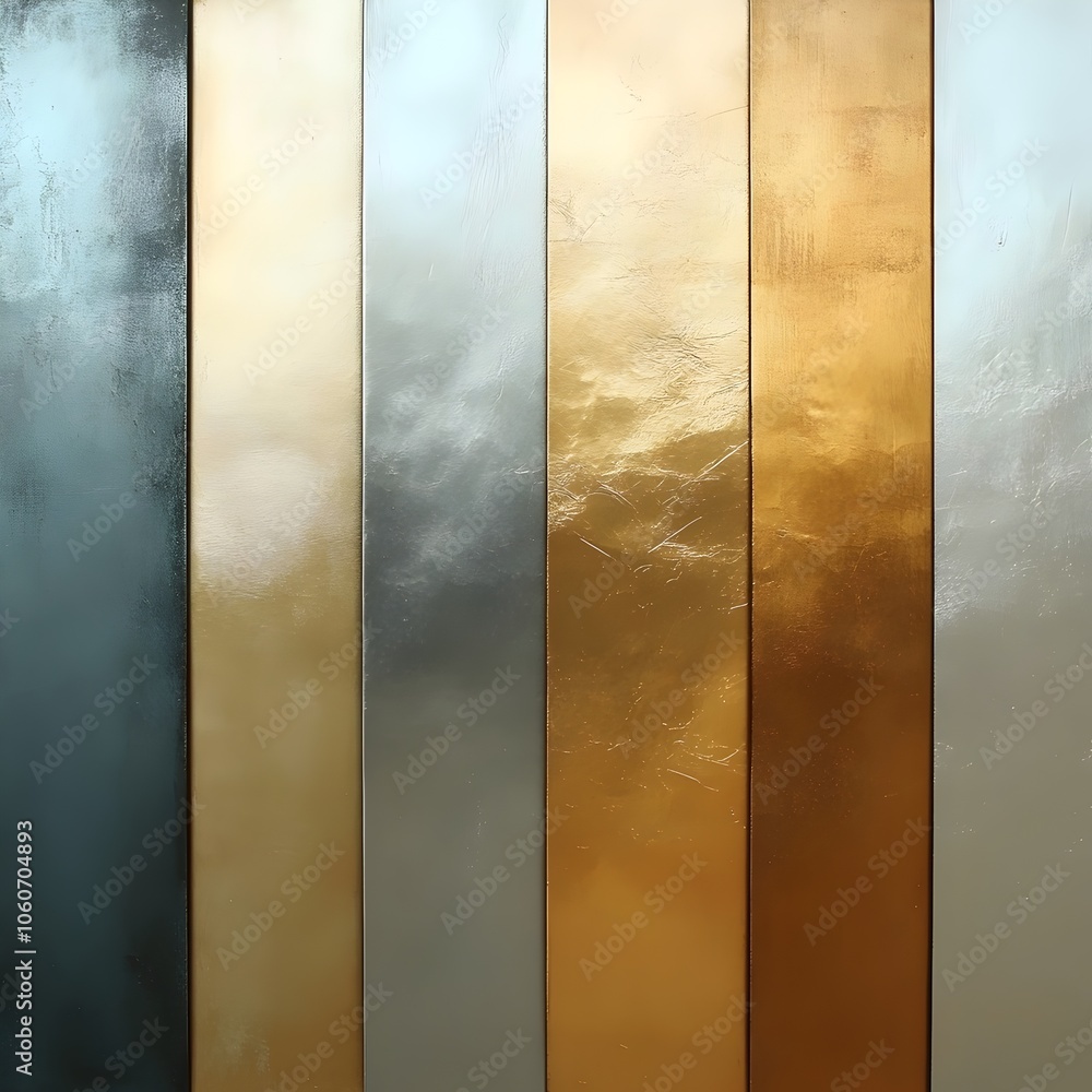 A visually striking arrangement of metallic panels in hues of gold, silver, and bronze, creating a sophisticated and modern aesthetic with a glossy finish. A visually striking arrangement of metallic panels in hues of gold, silver, and bronze, creating a sophisticated and modern aesthetic with a glossy finish.