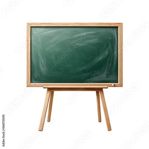 Green school chalkboard with wooden stand isolated on white transparent background 