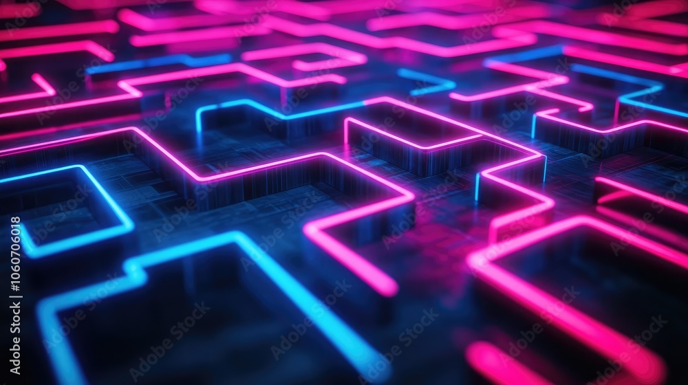 A neon maze made of glowing pink and blue lights, a vibrant abstract design with depth and dimension. A neon maze made of glowing pink and blue lights, a vibrant abstract design with depth and dimension.