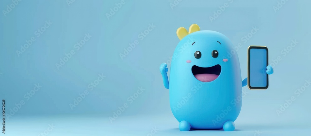 Cute Blue Character Holding Smartphone Cute Blue Character Holding Smartphone