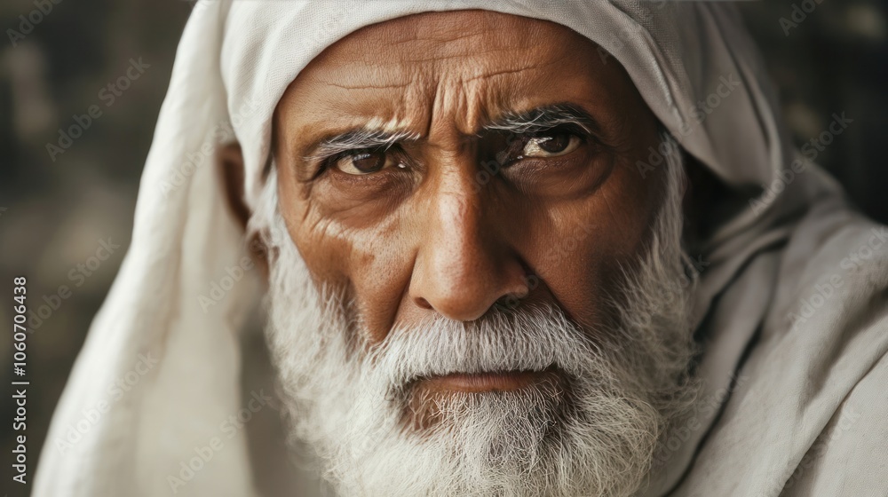 Old man in Islam, captured during pilgrimage, with a look of devotion Old man in Islam, captured during pilgrimage, with a look of devotion