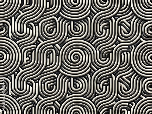 Seamless Black and White Organic Rounded Maze Lines Pattern - Abstract Architectural Design in Biological Style, Perfect for Modern Interiors and Graphic Backgrounds