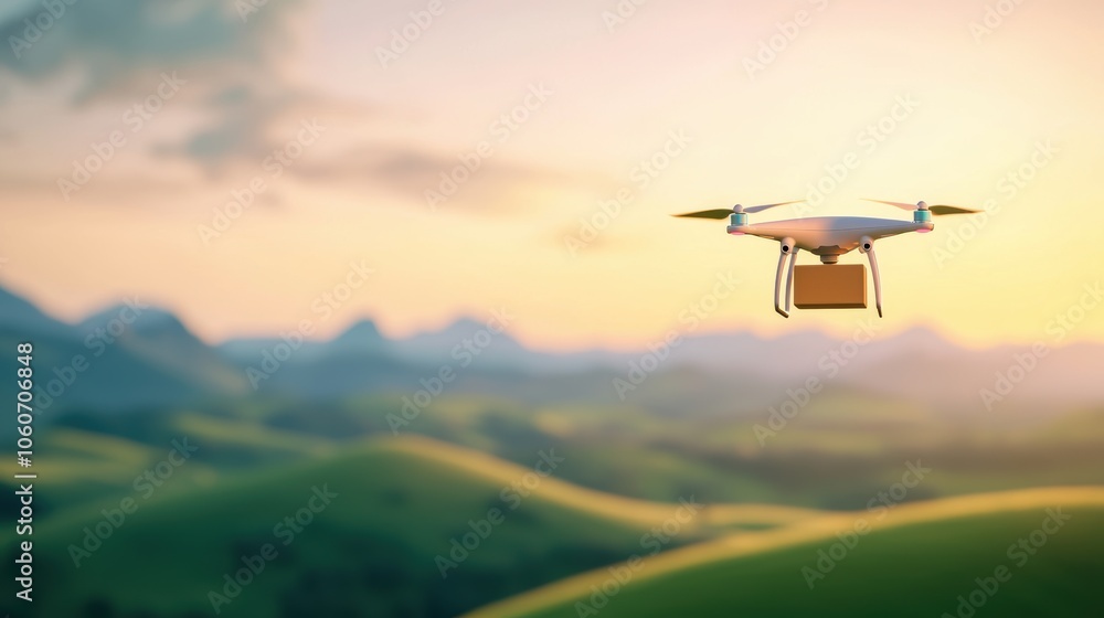 A drone carrying a small medical package flies over a rural landscape, showcasing its potential to deliver healthcare to remote or underserved areas. A drone carrying a small medical package flies over a rural landscape, showcasing its potential to deliver healthcare to remote or underserved areas.