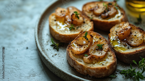 Delicious bruschetta topped with sauteed garlic and herbs