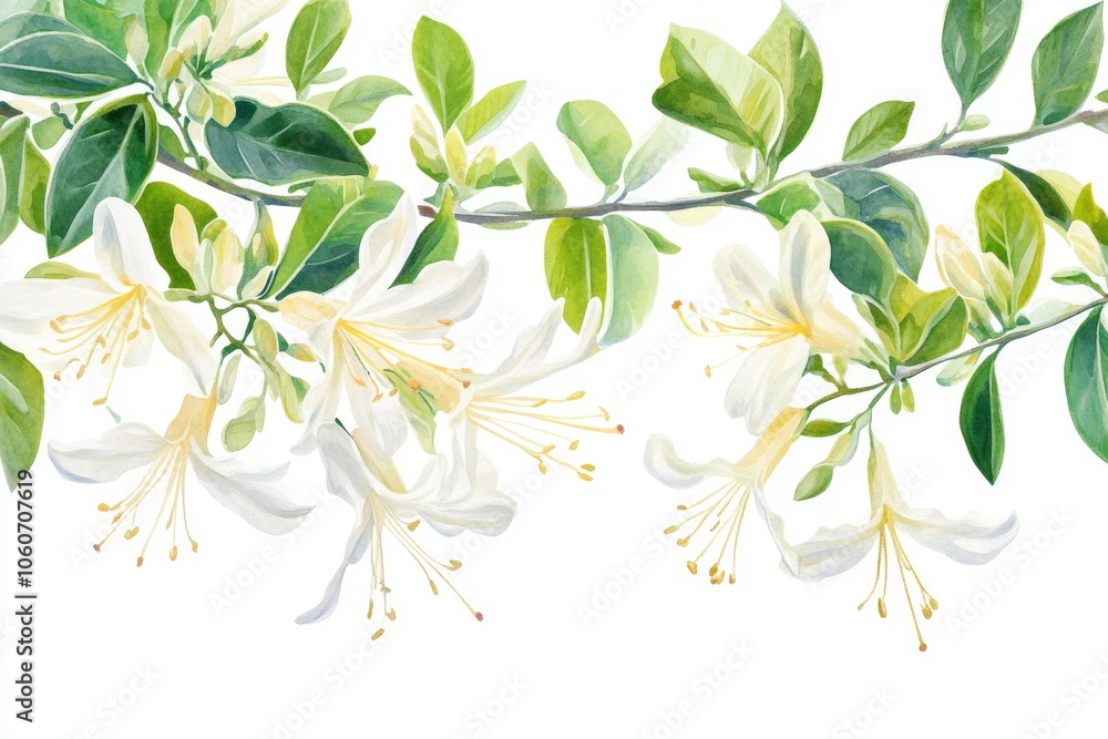 Obraz premium Watercolor Honeysuckles and Leaves Set. Hand-drawn Illustration of Blooming Flowers and Foliage on a White Background