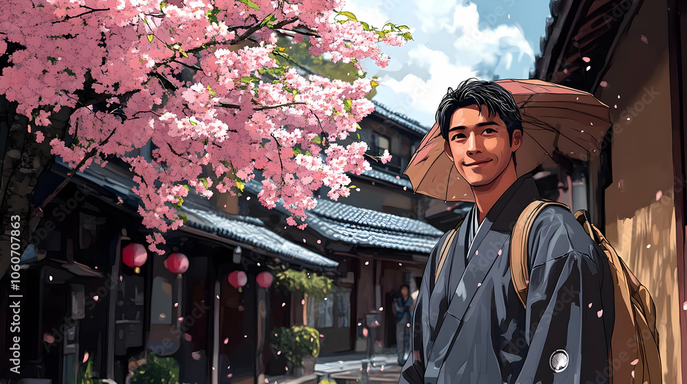 Obraz premium Smiling Man in Traditional Japanese Clothing, Cherry Blossoms Falling, Illustration
