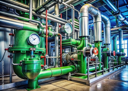 Wallpaper Mural Modern factory showcasing industrial boilers alongside advanced machinery, featuring pressure gauges, valves, pipes, and green connections for enhanced efficiency and environmental responsibility. Torontodigital.ca