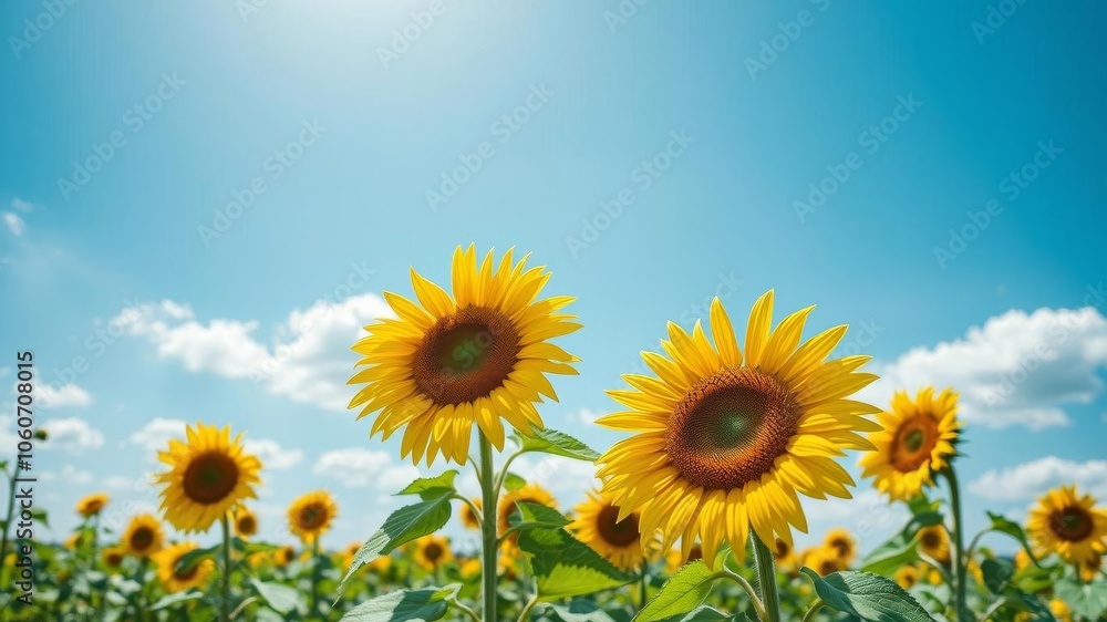 A vibrant sunflower field under a clear blue sky with fluffy white clouds, vibrant, natural A vibrant sunflower field under a clear blue sky with fluffy white clouds, vibrant, natural