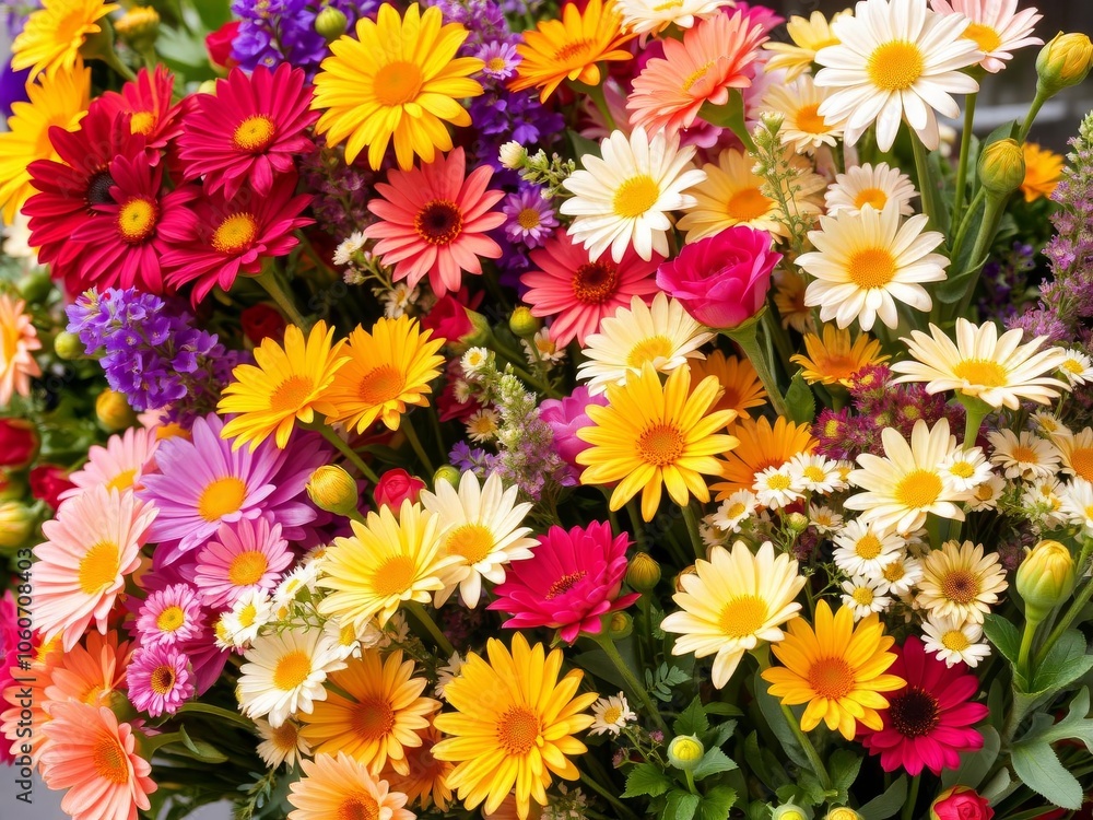 A vibrant bouquet of colorful flowers in full bloom, perfect for any spring or summer design project, flora, colorful A vibrant bouquet of colorful flowers in full bloom, perfect for any spring or summer design project, flora, colorful