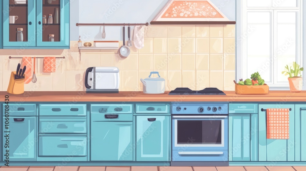 A bright and airy kitchen with light blue cabinets and a modern stovetop. A bright and airy kitchen with light blue cabinets and a modern stovetop.
