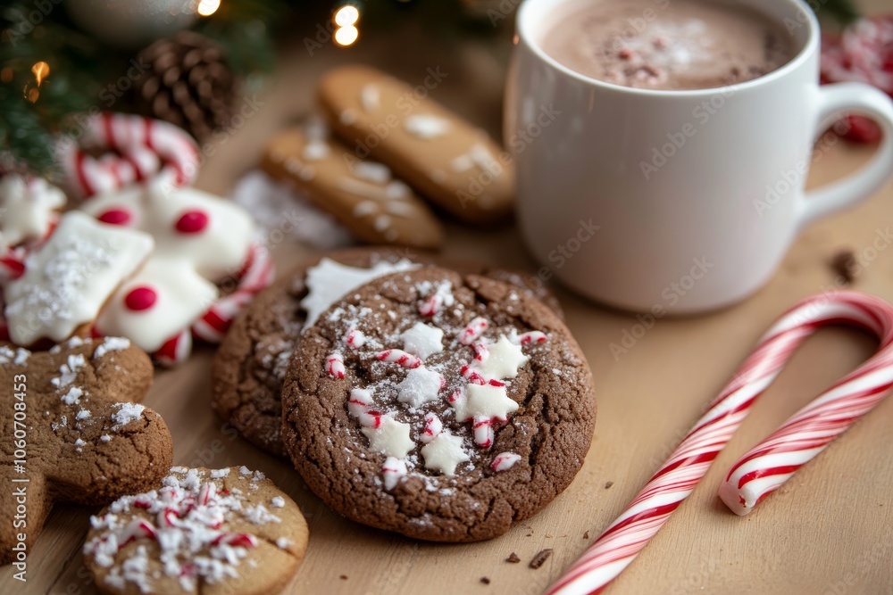 Close-up of Christmas cookies with gingerbread, candy canes, and a cup of hot chocolate Close-up of Christmas cookies with gingerbread, candy canes, and a cup of hot chocolate
