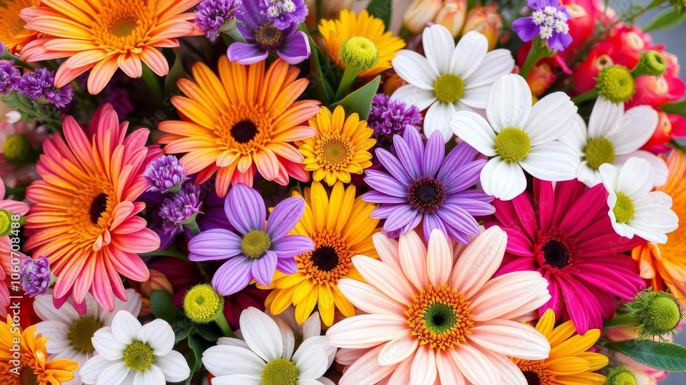 A vibrant bouquet of assorted flowers in full bloom, showcasing a colorful array of petals and textures, nature, botanical A vibrant bouquet of assorted flowers in full bloom, showcasing a colorful array of petals and textures, nature, botanical