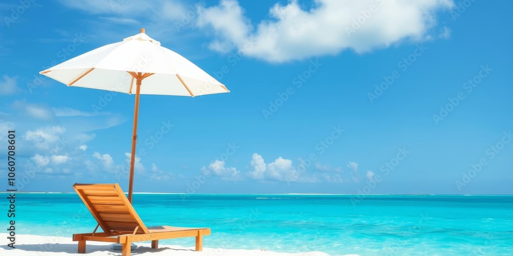 Obraz premium A vibrant beach scene with colorful umbrellas and lounge chairs overlooking the turquoise ocean under a clear blue sky, creating a perfect summer getaway, getaway, sky