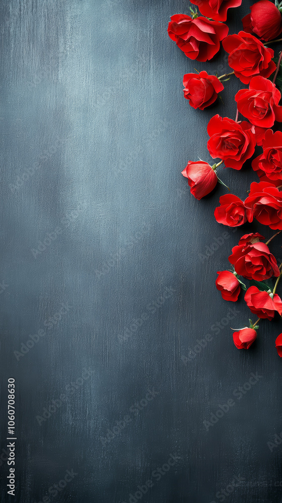 Luxurious red roses on dark textured background create stunning visual. vibrant blooms contrast beautifully with deep tones, evoking elegance and romance Luxurious red roses on dark textured background create stunning visual. vibrant blooms contrast beautifully with deep tones, evoking elegance and romance