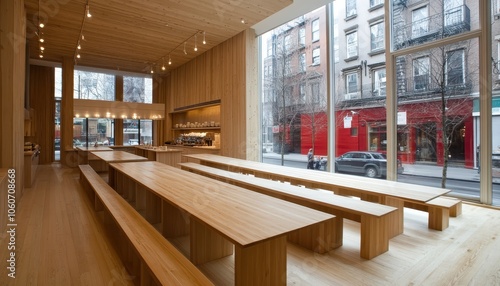 Modern loft-style cafe interior in New York featuring spacious wooden seating areas