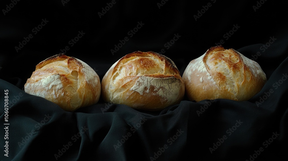 Three rustic loaves of bread on black fabric, highlighting their golden crust and artisanal details. Three rustic loaves of bread on black fabric, highlighting their golden crust and artisanal details.