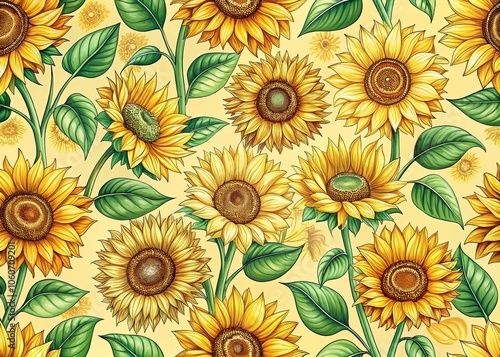 Seamless Sunflower Pattern Design on Pastel Yellow Background - Vibrant Floral Vector Art for Textiles, Wallpaper, and Home Decor