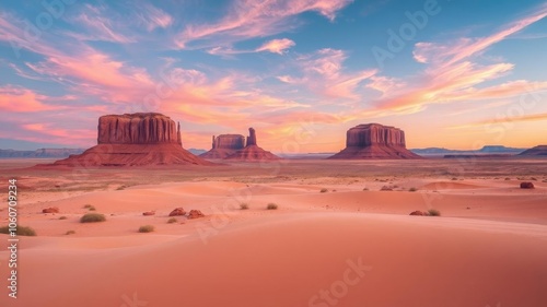 Fototapeta Naklejka Na Ścianę i Meble -  A vast and colorful desert landscape with sand dunes, rock formations, and an expansive blue sky, nature, sand dunes