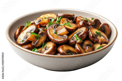 Stirfried mushrooms with oyster sauce, PNG isolated on transparent background, white background.