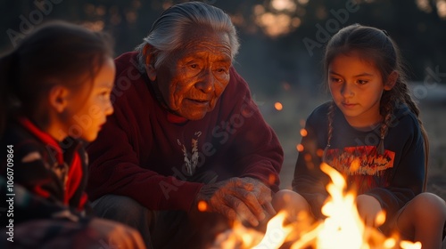 Native American elder tells stories by campfire photo