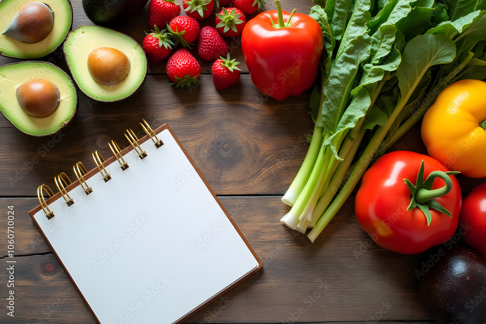 An overhead view of a wooden table covered with a variety of fruits and vegetables, including avocados, berries and herbs, a notebook, a healthy lifestyle and nutrition planning. An overhead view of a wooden table covered with a variety of fruits and vegetables, including avocados, berries and herbs, a notebook, a healthy lifestyle and nutrition planning.