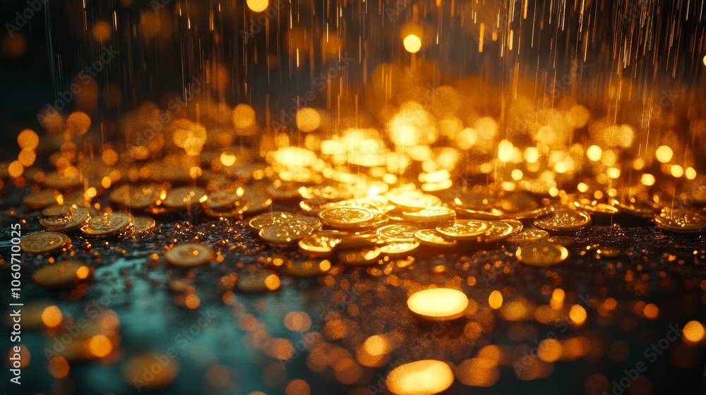 Golden Coins Dropping into Water with Splashes in Motion and Dark Blurred Background