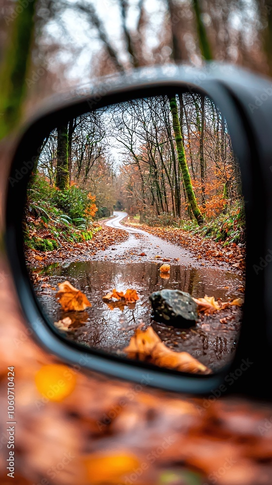 Autumn Forest Road Reflected in Rearview Mirror. Autumn Forest Road Reflected in Rearview Mirror.