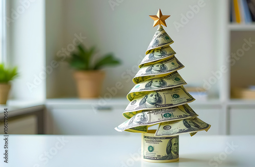 Creative Christmas tree made of paper money bills on office desk. Business and Christmas holiday concept... photo