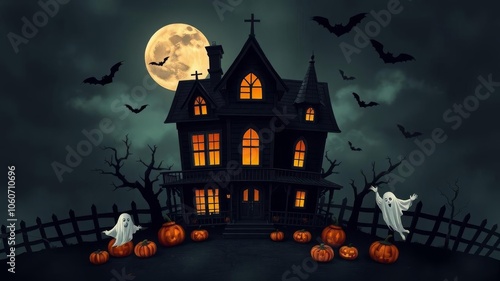 A spooky Halloween wallpaper featuring a haunted house, bats, pumpkins, and ghosts, holiday, spooky background photo