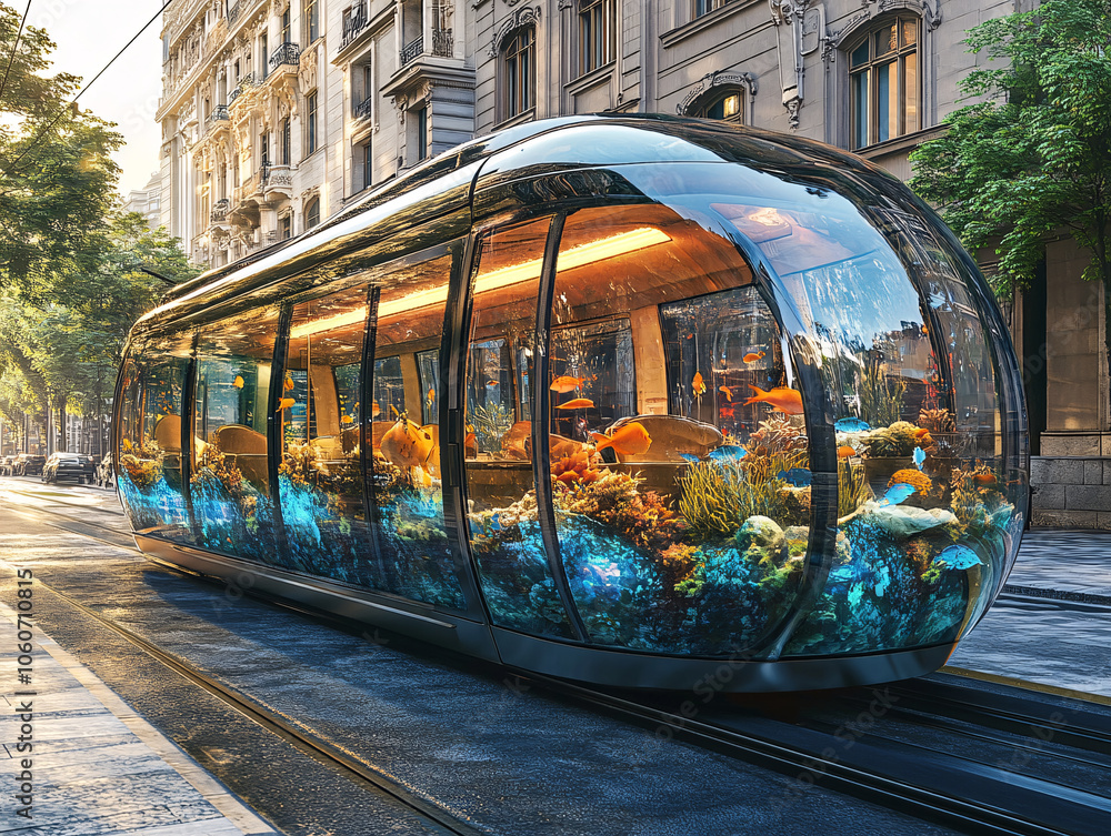 Naklejka premium futuristic subway train with a glass aquamarine enclosure that allows passengers to see through the walls of the train.
