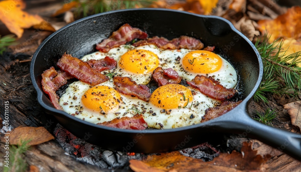 Delicious camping breakfast with crispy bacon and fried eggs in a forest setting Delicious camping breakfast with crispy bacon and fried eggs in a forest setting