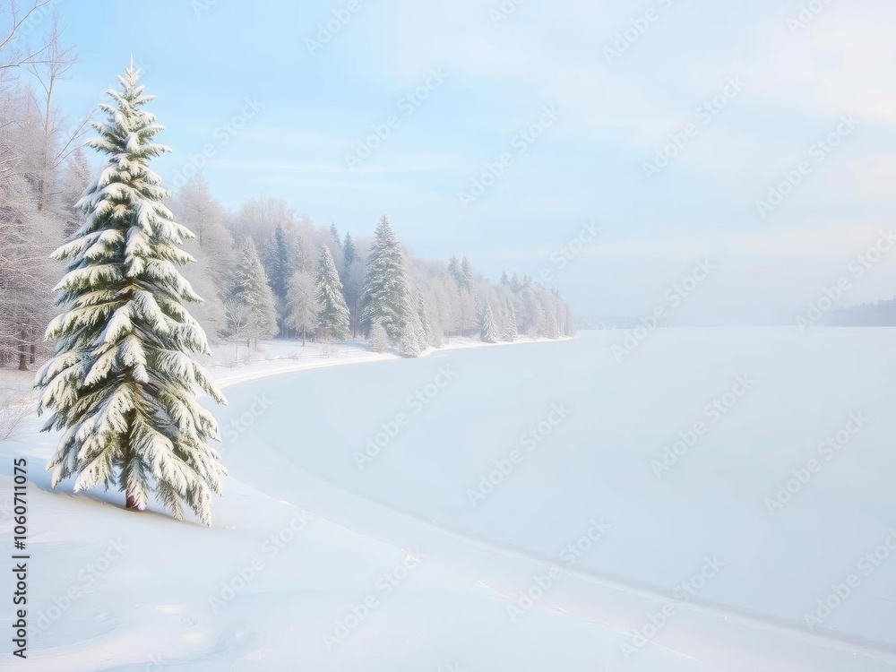 Fototapeta premium A serene winter landscape with snow-covered trees and a frozen lake under a clear blue sky, frosty, trees