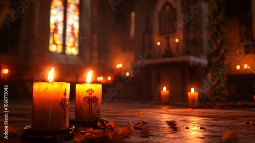 Burning Candles in Church with Warm Light and Spiritual Ambiance