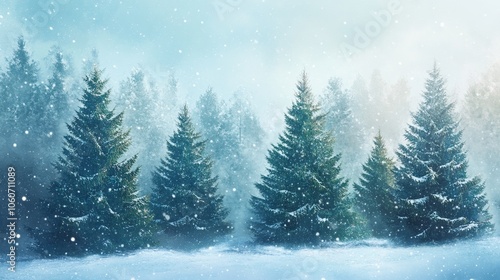 Watercolor Painting of Pine Trees on Soft Blue Background with Frosted Edges