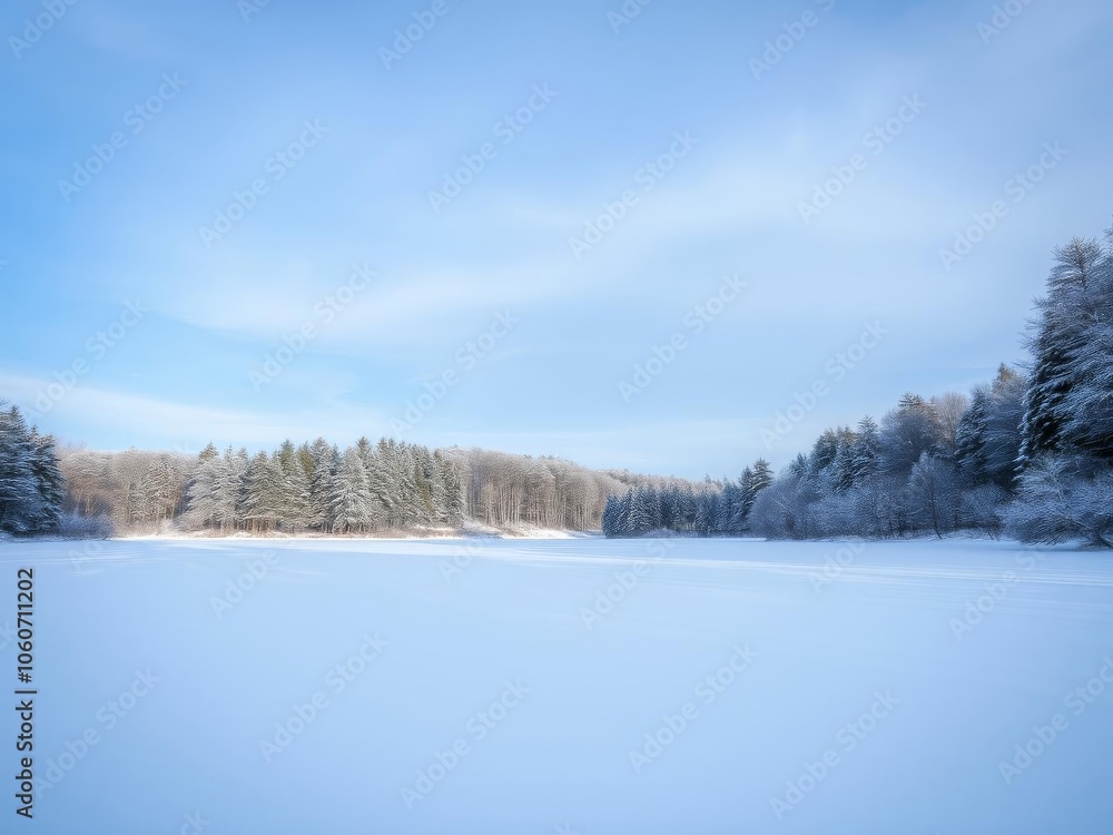 A serene winter landscape with a blanket of fresh snow covering trees and a frozen lake, under a clear blue sky, blue sky, serene A serene winter landscape with a blanket of fresh snow covering trees and a frozen lake, under a clear blue sky, blue sky, serene
