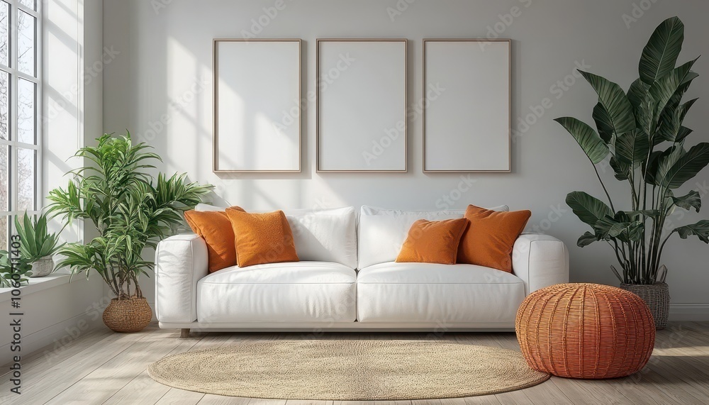 Empty vertical picture frames in a modern living room with white sofa and plants Empty vertical picture frames in a modern living room with white sofa and plants