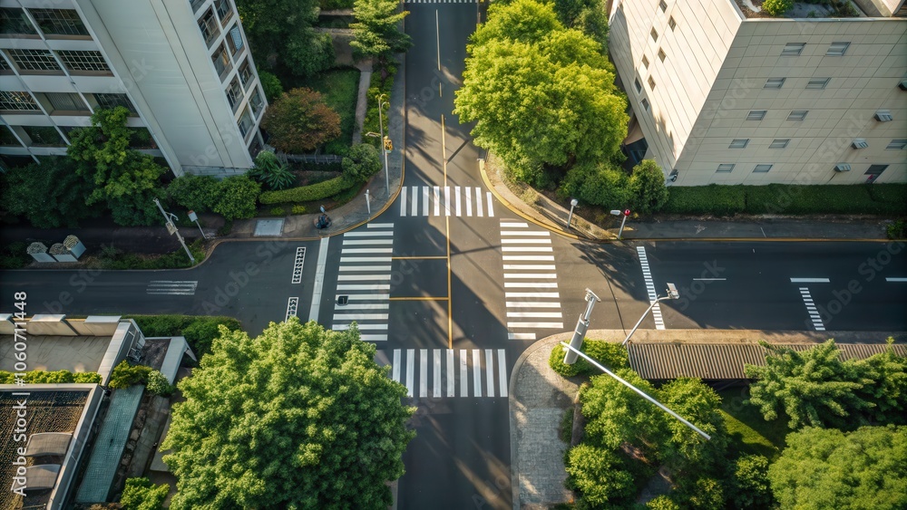 Aerial view of a city intersection with crosswalks, surrounded by lush greenery and modern buildings. Generated AI Aerial view of a city intersection with crosswalks, surrounded by lush greenery and modern buildings. Generated AI