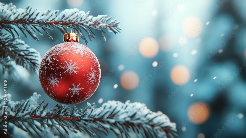 Festive Christmas Ornament with Greenery and Red Berries on Snowy Background Festive Christmas Ornament with Greenery and Red Berries on Snowy Background