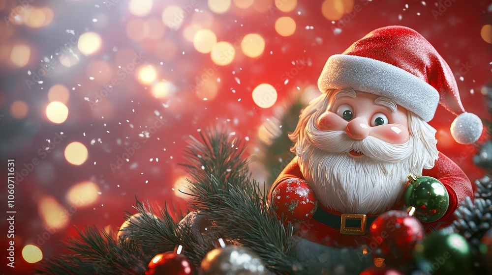 Santa Figurine with Green Christmas Tree and Sparkling Background Santa Figurine with Green Christmas Tree and Sparkling Background